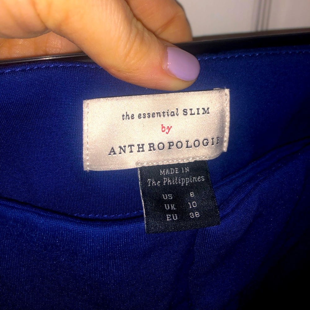 Anthropologie Slim pant, cobalt blue zipper detail at ankle